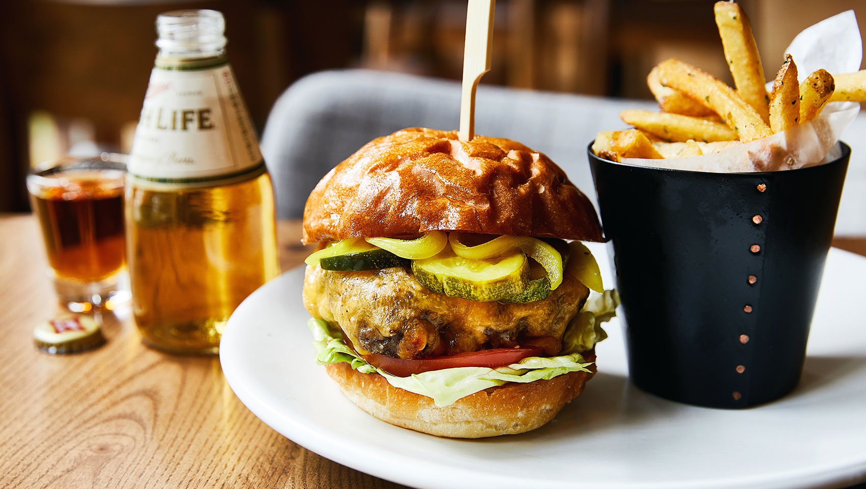 burger beer fries at King Tide Restaurant at Kimpton River Place located in Portland Oregon