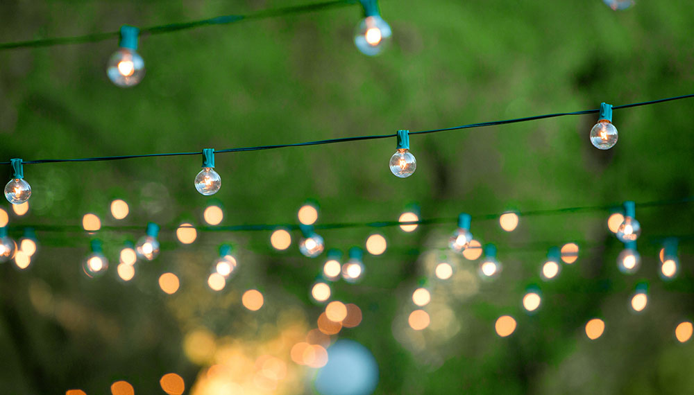 hanging outdoor string lights in front of a green background